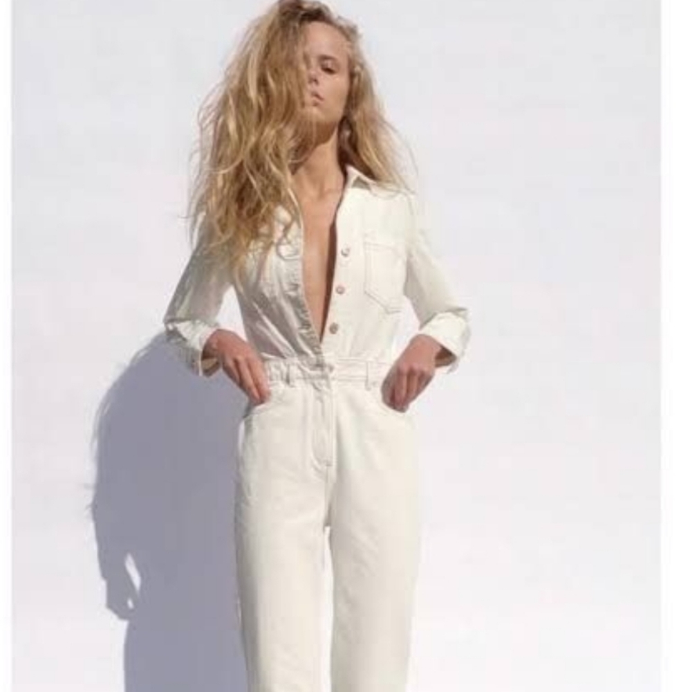 Zara cream denim jumpsuit NWT size Medium